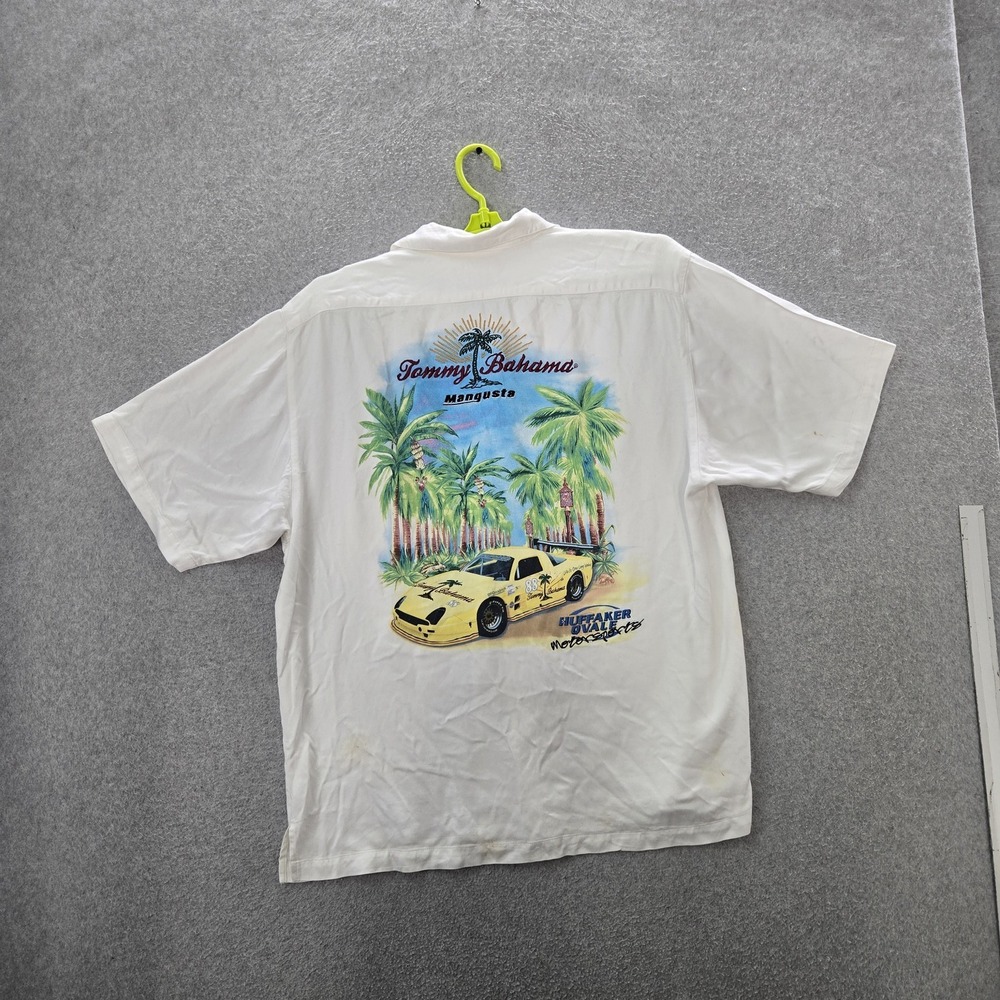 Tommy Bahama Men Button Up Shirt M White Embroidered Graphic Car Palm Trees